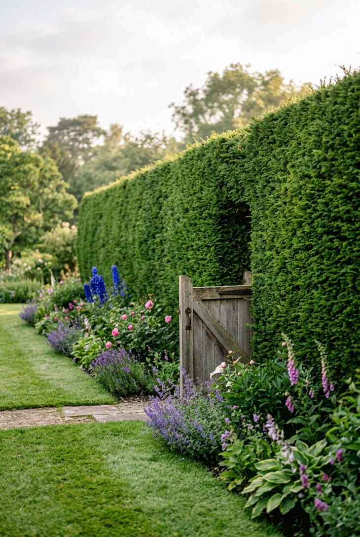 Tall clipped evergreen cedar hedge forming a green boundary wall behind a lawn