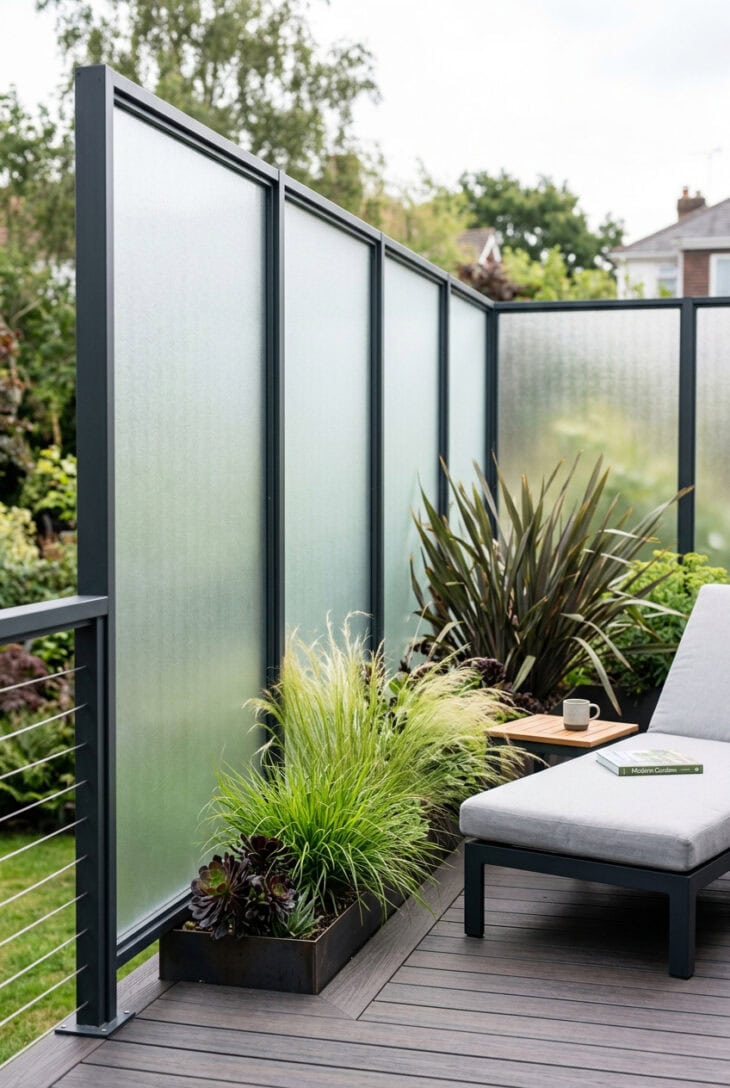 Frosted glass privacy panels in dark frames along a modern deck with grasses