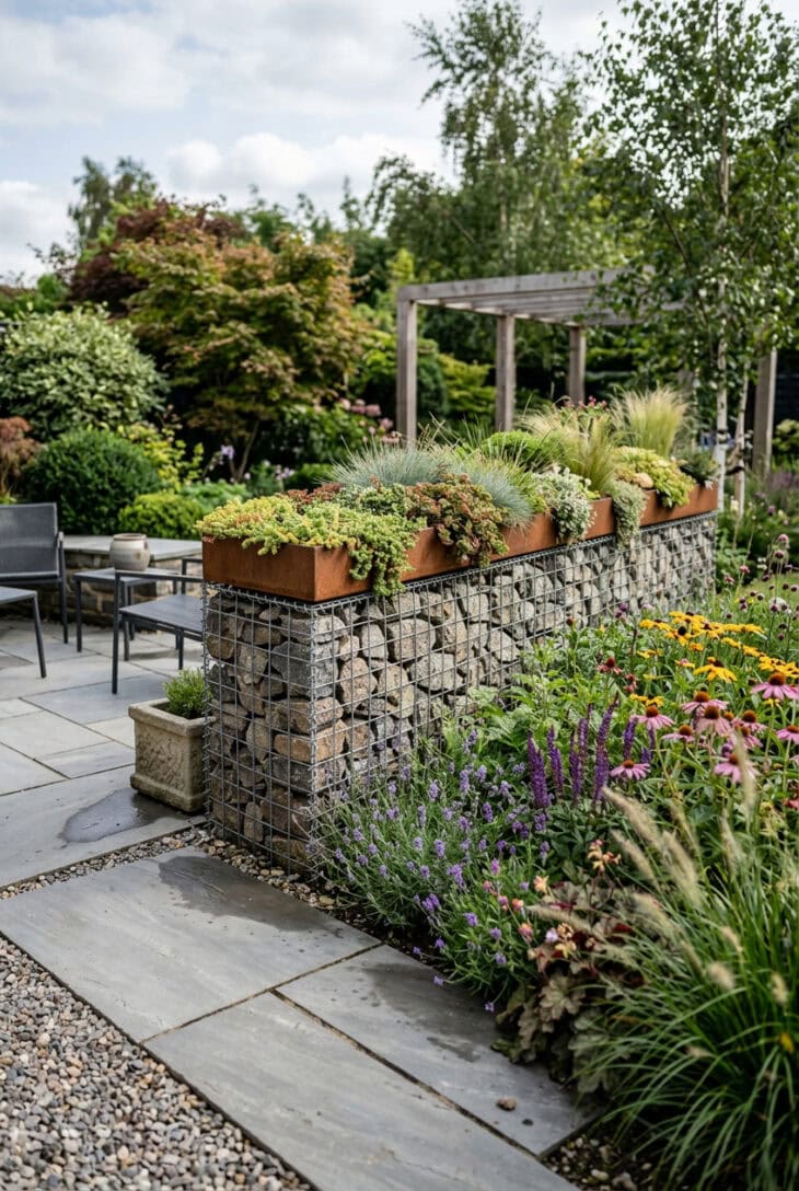 Stone-filled gabion wall topped with trailing sedum and grasses beside a patio