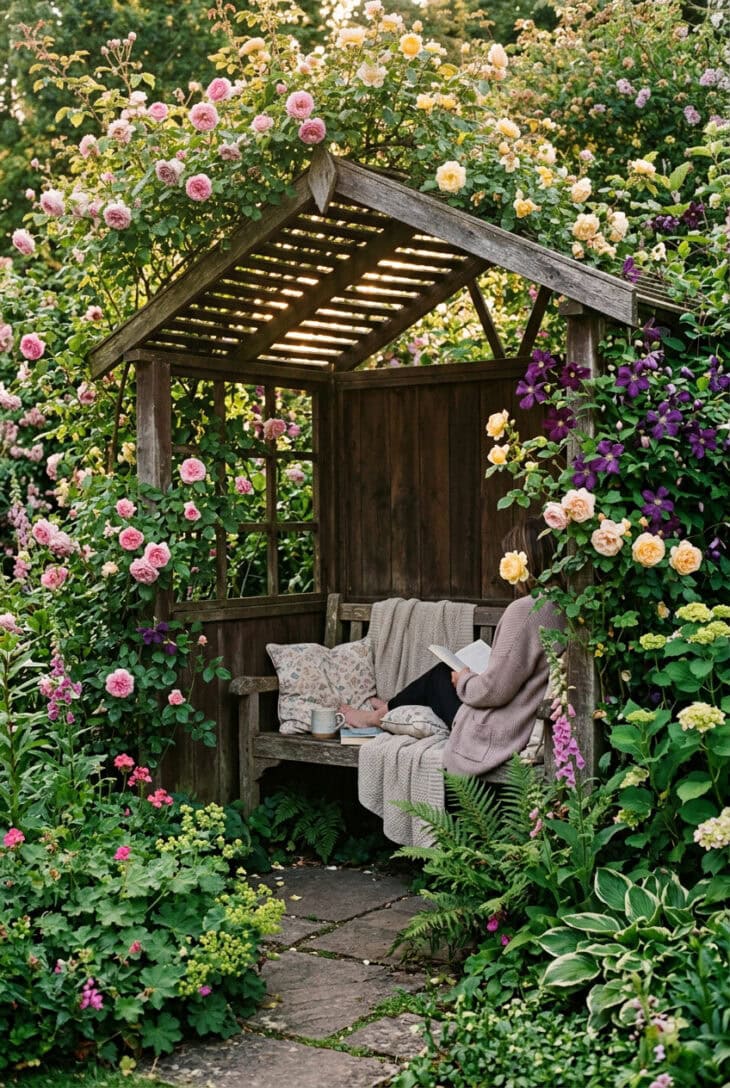 Timber arbor with a bench enclosed by climbing roses in a leafy garden corner