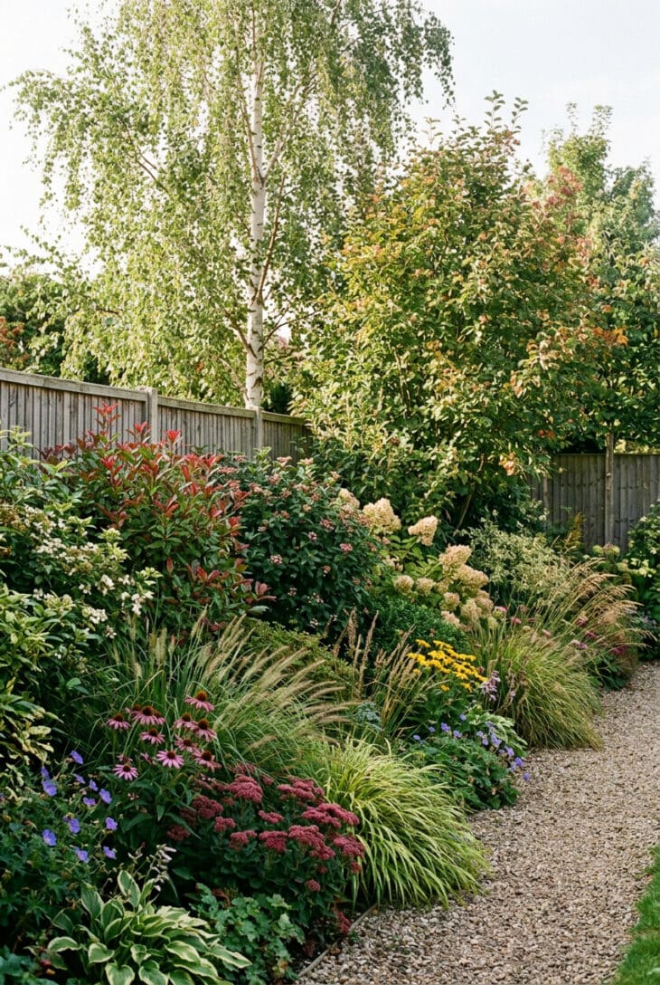Deep layered border with birch, viburnum and grasses screening a boundary fence