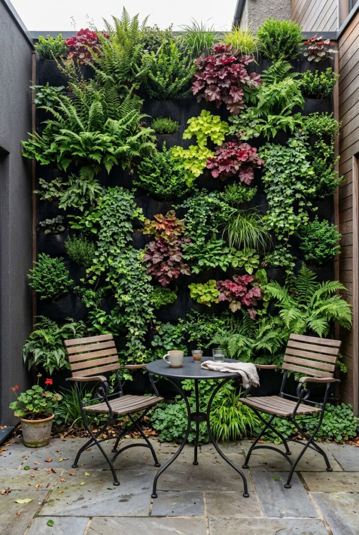 Vertical living wall packed with ferns, heuchera and trailing ivy in a courtyard