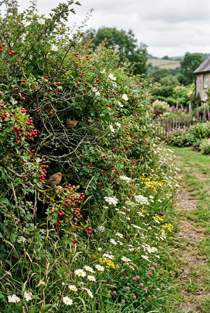 Informal mixed native hedgerow of hawthorn and hazel with a wildflower verge