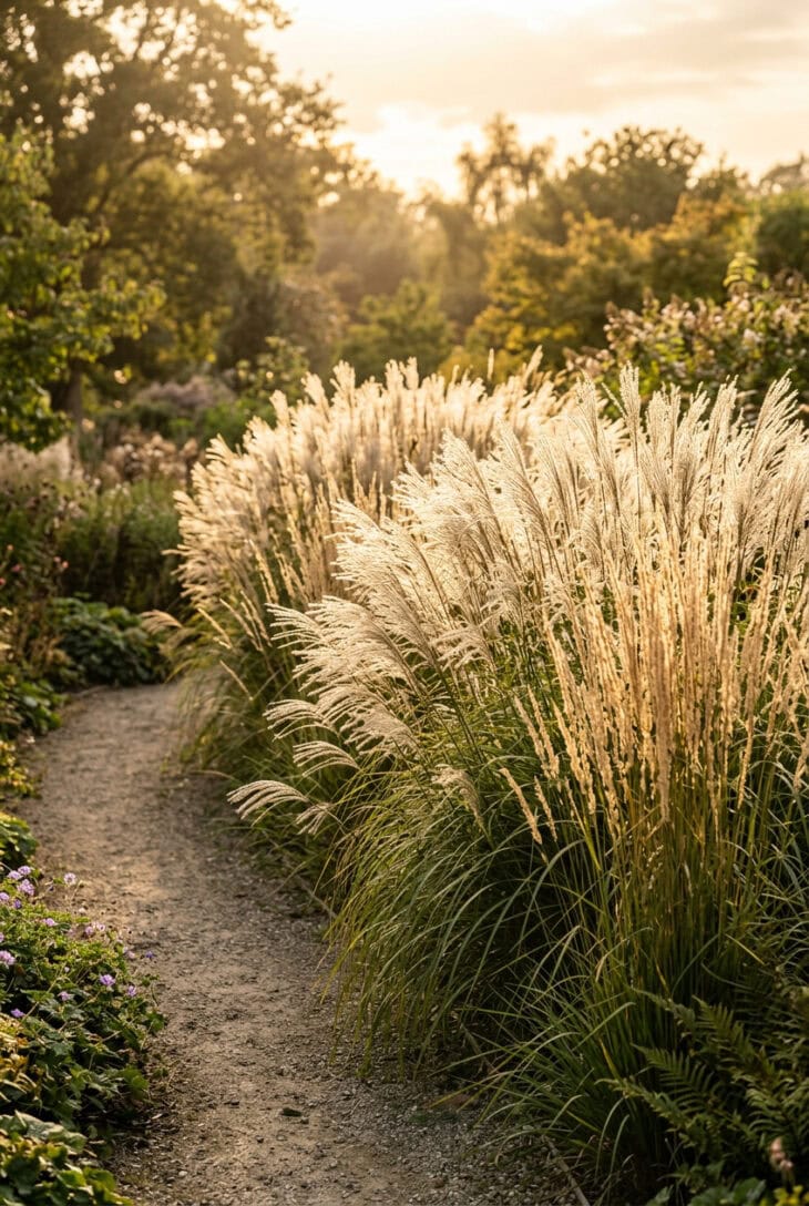 Tall miscanthus and calamagrostis grasses forming a feathery screen along a path