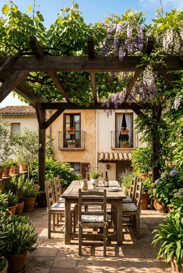Timber pergola with grapevine and wisteria overhead shading a paved dining area