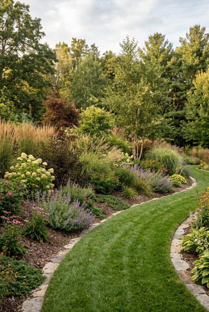 Gently mounded planted berm of grasses and shrubs raising a screen along a lawn
