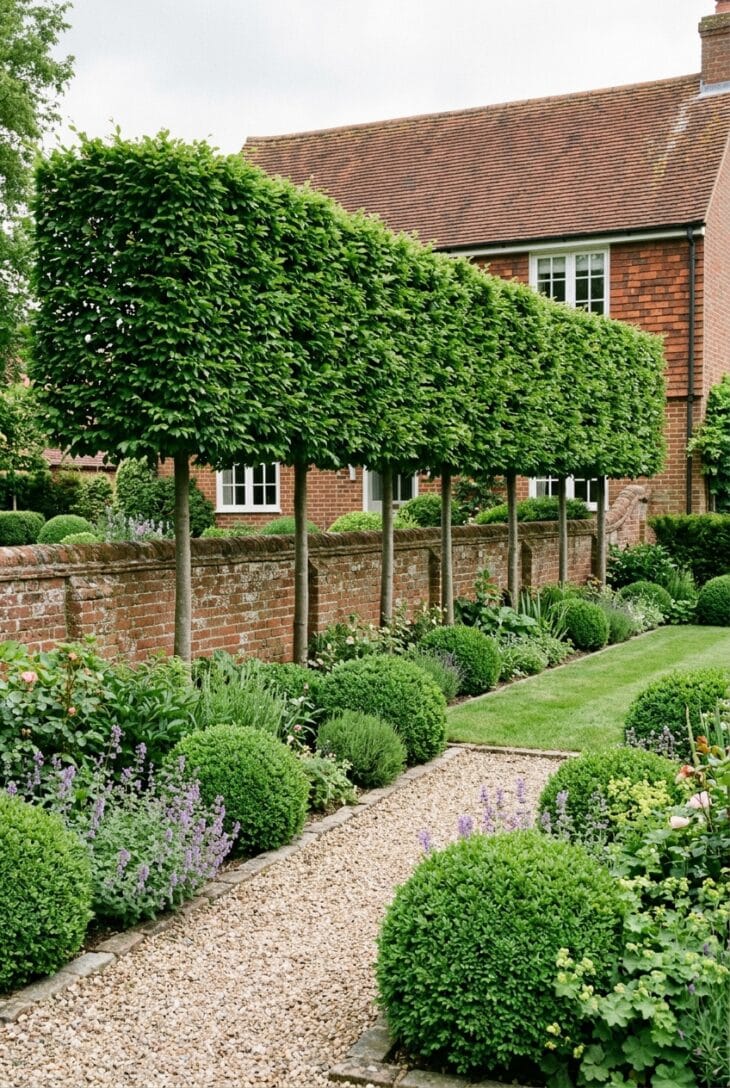 Row of pleached hornbeam trees forming a raised green screen above a low brick wall