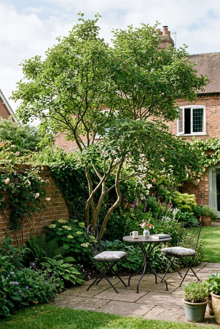 Multi-stemmed ornamental tree in a garden corner shading a bistro set below