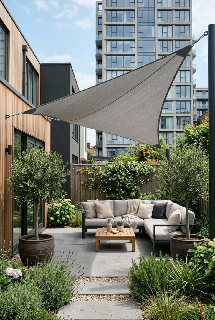 Grey triangular shade sail stretched over a patio sofa with potted olive trees