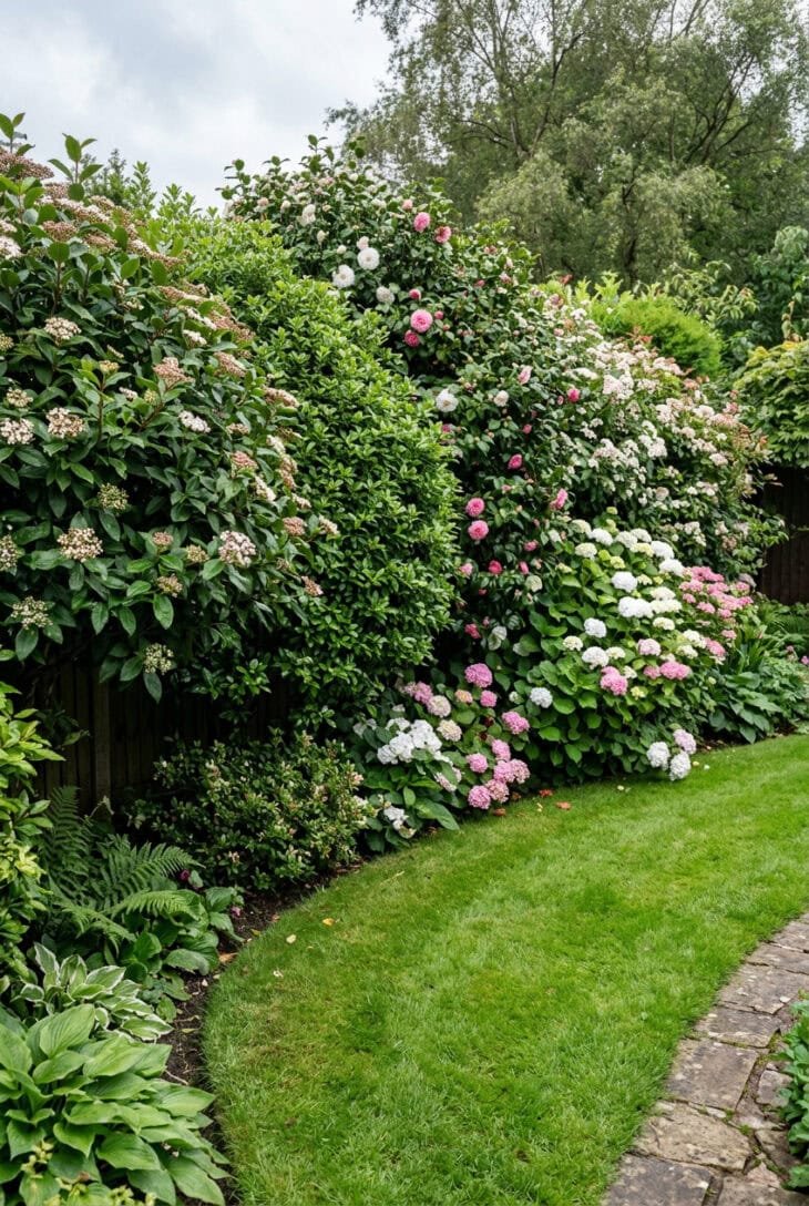Dense bank of mixed evergreen and flowering shrubs screening a boundary beside a lawn