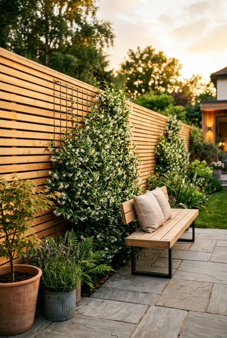 Horizontal slatted cedar fence with star jasmine climbing through it beside a patio bench