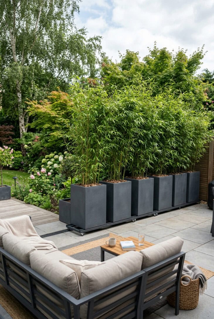 Row of tall grey planters with upright bamboo screening a patio seating area