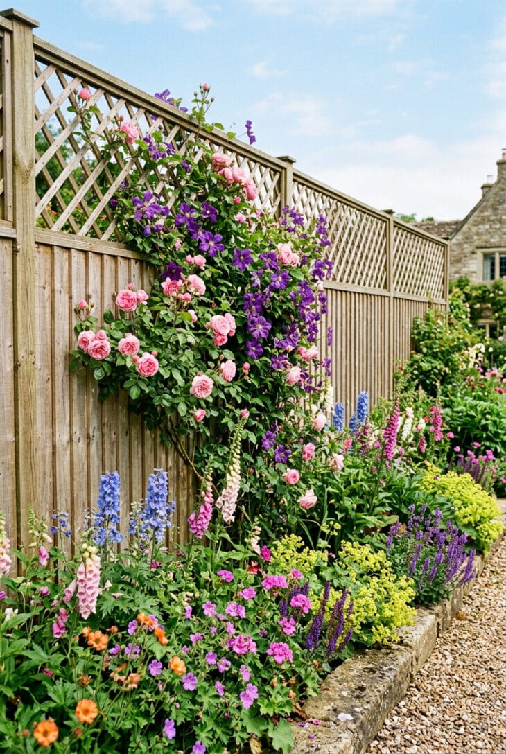 Diamond-lattice trellis added atop a wooden fence with climbing rose and clematis