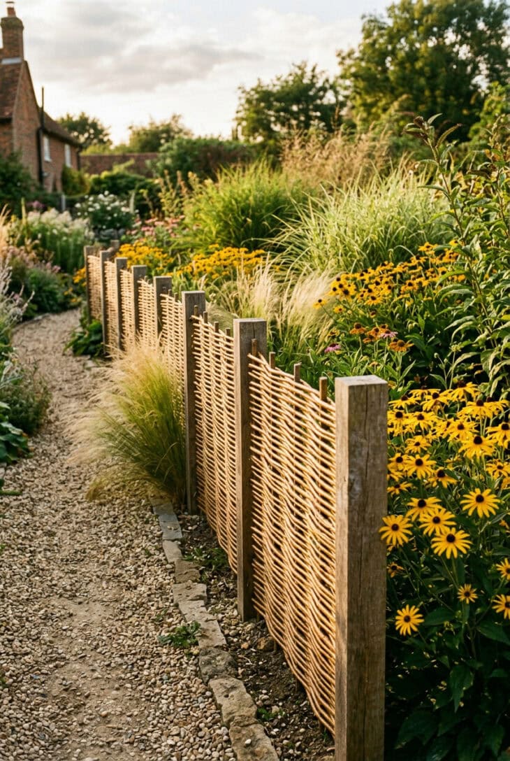 Woven willow hurdle screen backed by grasses and rudbeckia beside a gravel path