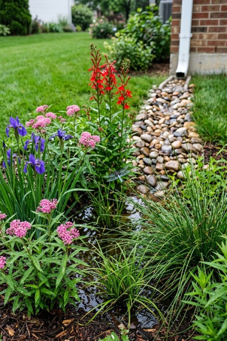 Planted rain garden basin of blue flag iris fed by a stone channel