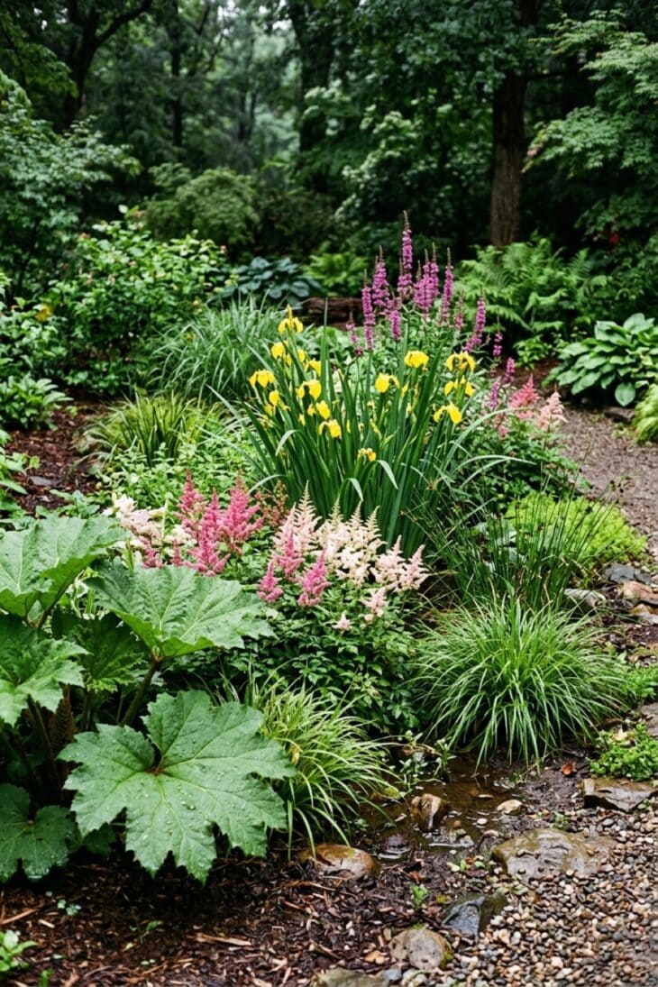 Shallow planted rain garden depression capturing garden runoff