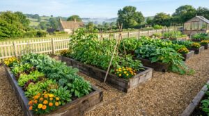 Timber raised beds full of lettuce, kale and climbing beans with gravel paths between