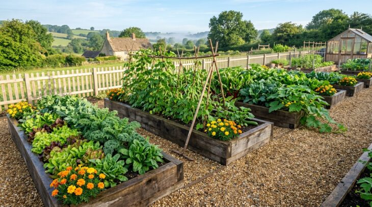 Timber raised beds full of lettuce, kale and climbing beans with gravel paths between