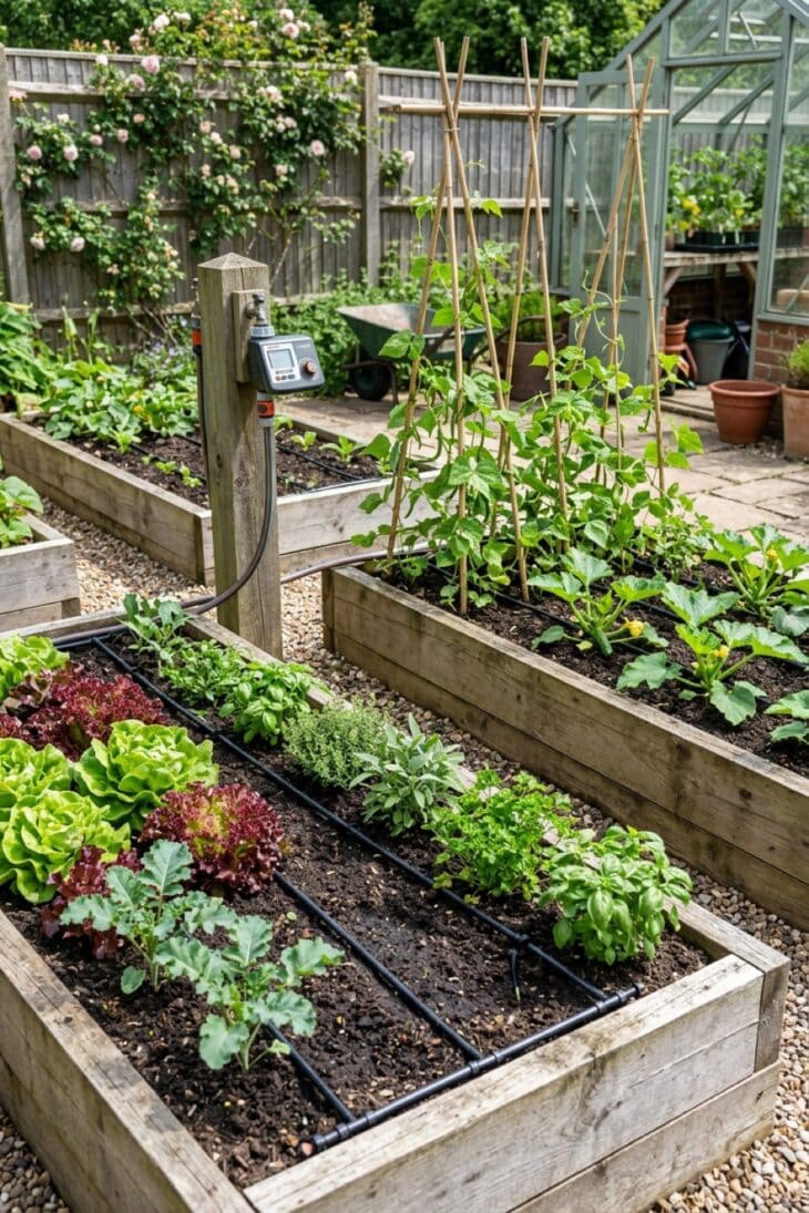 Two raised vegetable beds watered by drip irrigation in a sunny garden