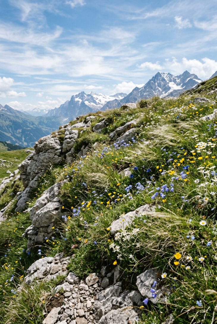 Fine grasses and small blue and yellow alpine flowers growing over a rocky bank with rocks emerging