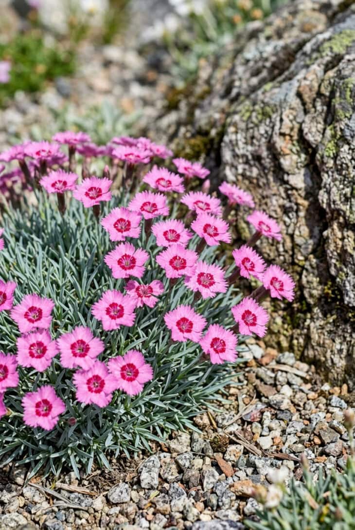 Cushion of alpine pinks with silver-blue foliage and small fringed pink flowers beside a rock
