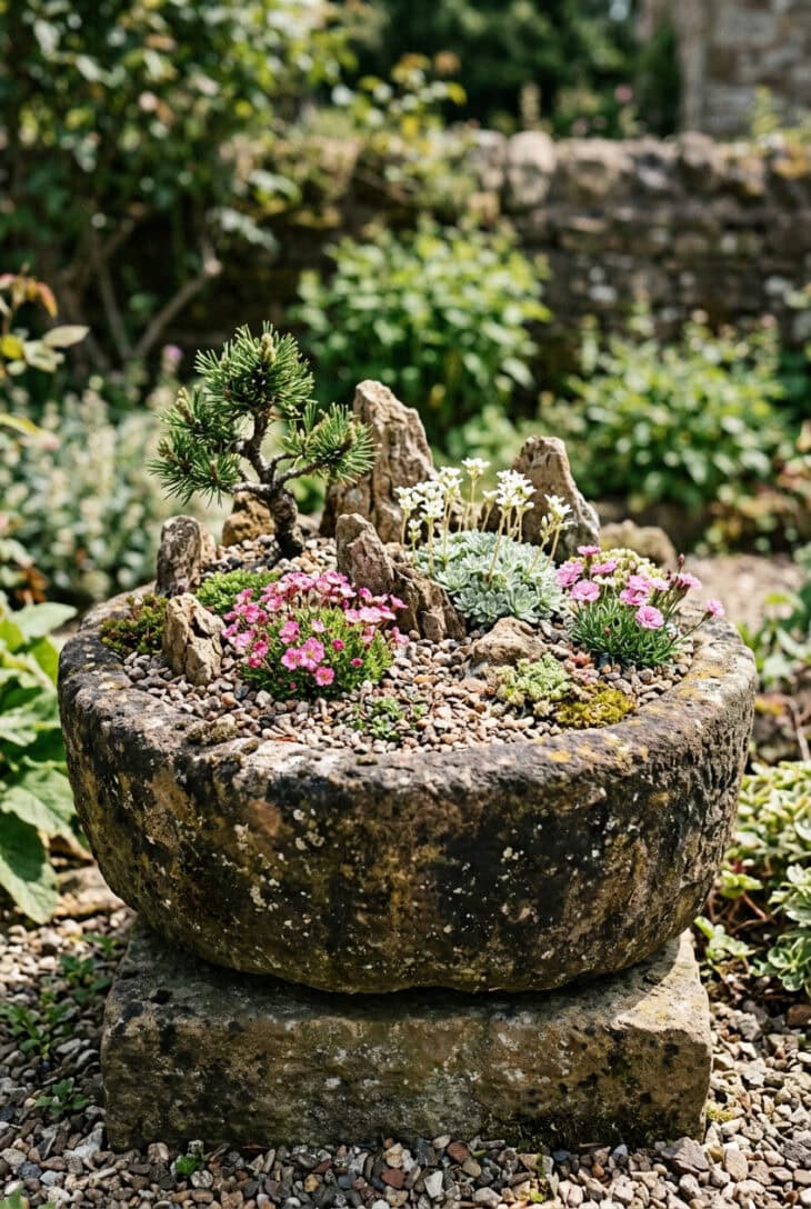 Weathered stone trough planted as a miniature alpine landscape with tiny rocks and cushion plants