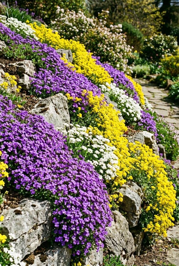 Sheets of purple aubrieta and golden yellow alyssum tumbling over grey rocks with white candytuft