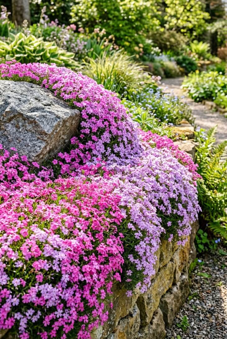 Sheet of vivid pink and lilac creeping phlox cascading over a grey rock and low wall