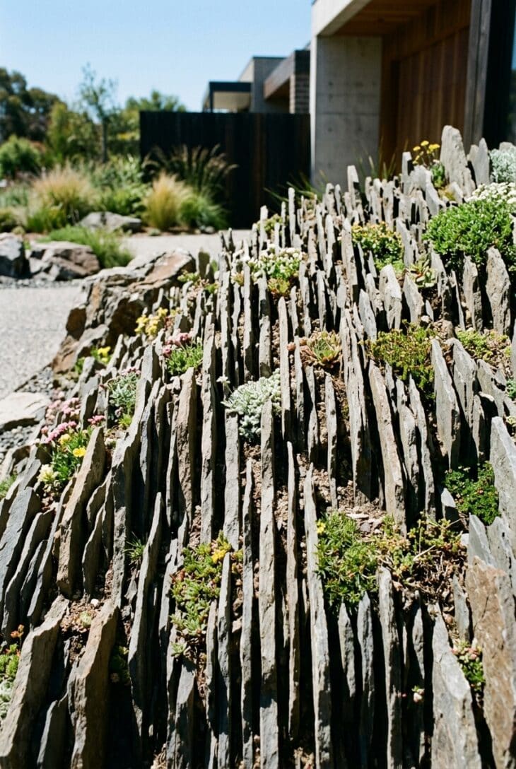 Thin stone slabs set vertically on edge with tiny alpine cushions growing from the narrow cracks