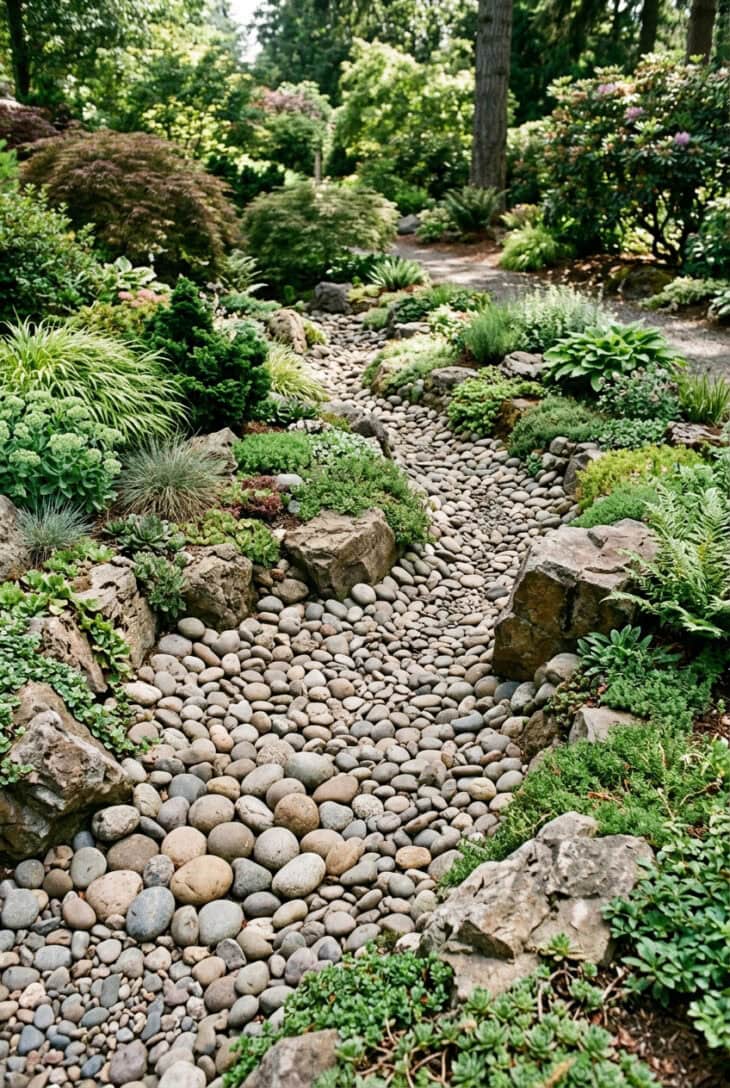 Winding dry streambed of rounded cobbles through a rock garden with planting spilling over its banks