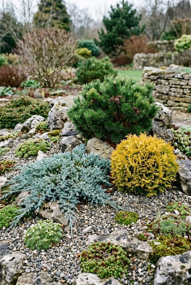 Low spreading blue juniper, golden rounded conifer and small mounded pine among rocks and gravel