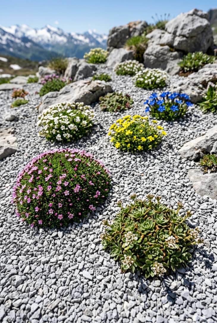 Alpine cushions surrounded by clean pale gravel mulch running right up under their leaves