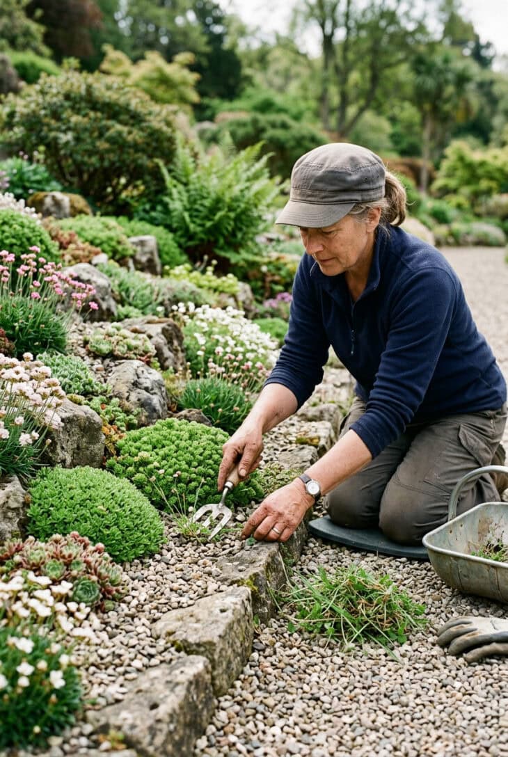 Hand weeding carefully between alpine cushions with a narrow fork and a small pile of pulled weeds