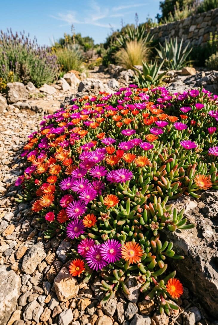 Mat of ice plant covered in glistening magenta daisy-like flowers sprawling over hot gravel
