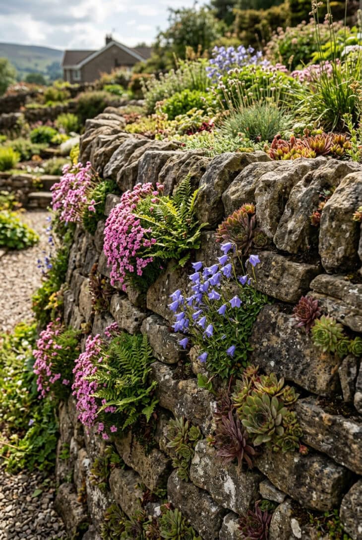Dry stone wall with pink cushions, bellflowers and houseleeks growing sideways from its joints