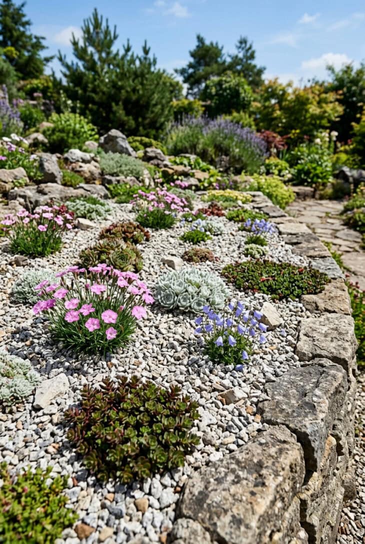 Raised scree bed of pale grit edged in stone with pink dianthus and silver alpine cushions