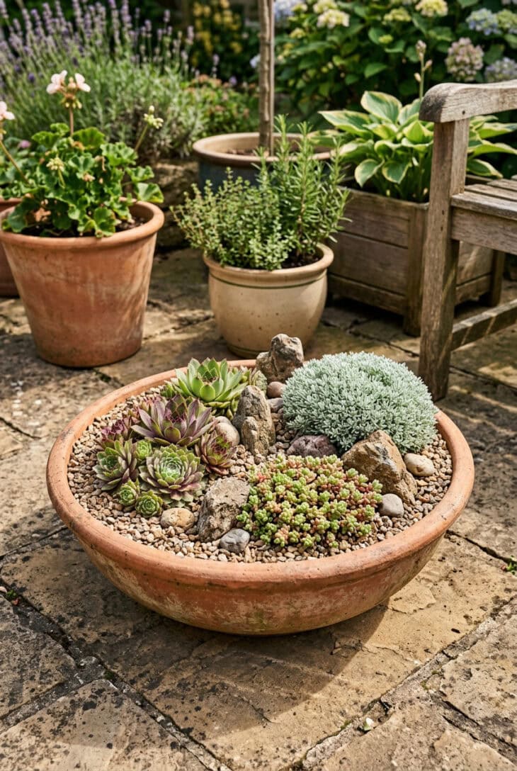 Wide shallow terracotta pan planted with small rocks, houseleeks and sedums under gravel mulch