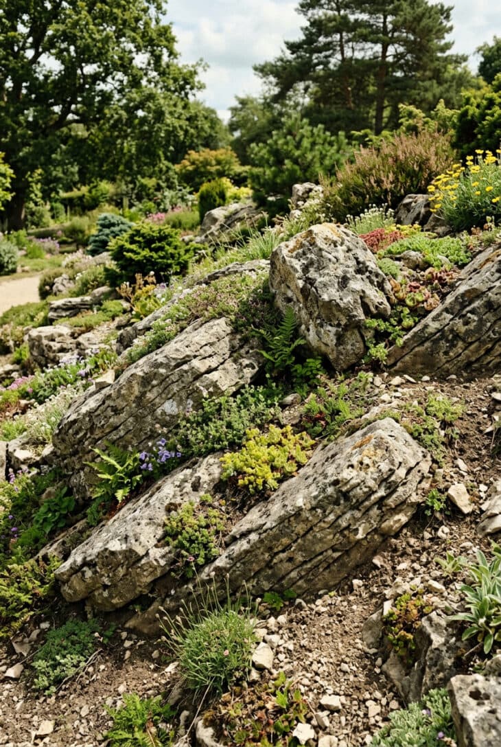 Weathered limestone rocks set into a slope with matching strata lines, looking like emerging bedrock