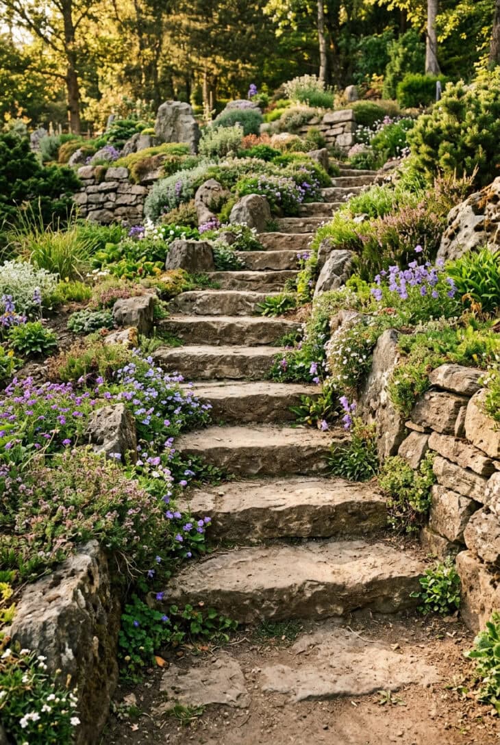 Rough stone steps climbing through a rock garden with alpines spilling onto the treads