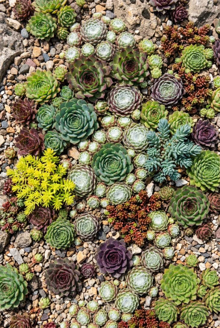 Tapestry of blue-green, red-tipped and purple sedum and houseleek rosettes packed over gravel