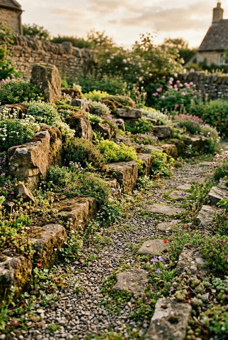 Mature rock garden with self-sown seedlings softening the gravel and crevices between rocks