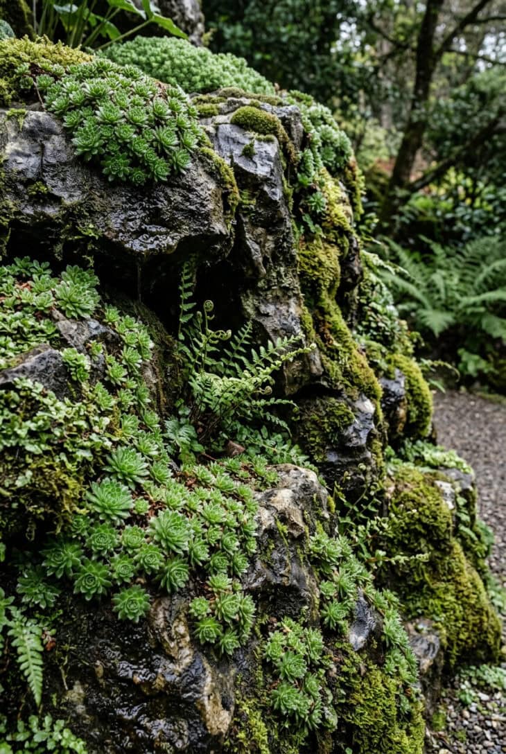 Cool shaded rock face with green saxifrage rosettes, small ferns and moss in the damp crevices
