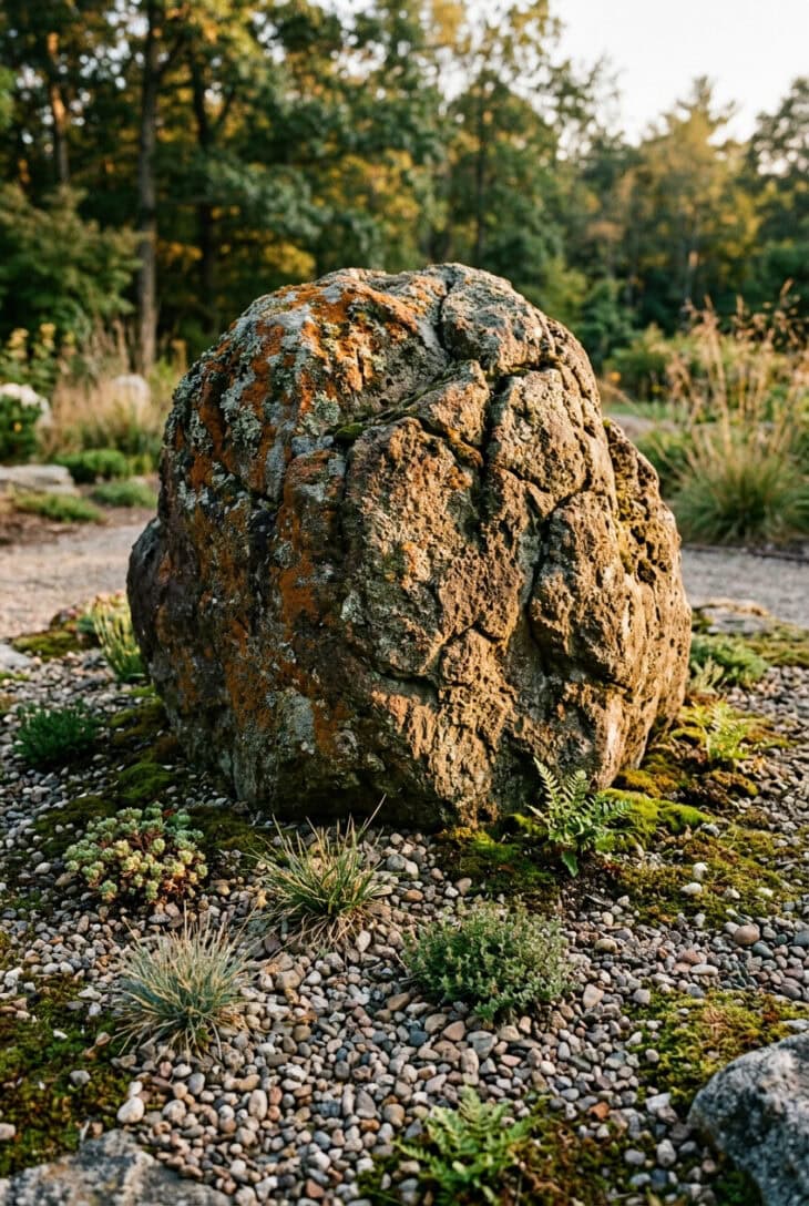 Single large weathered lichen-covered boulder set deep into gravel with sparse low planting around it