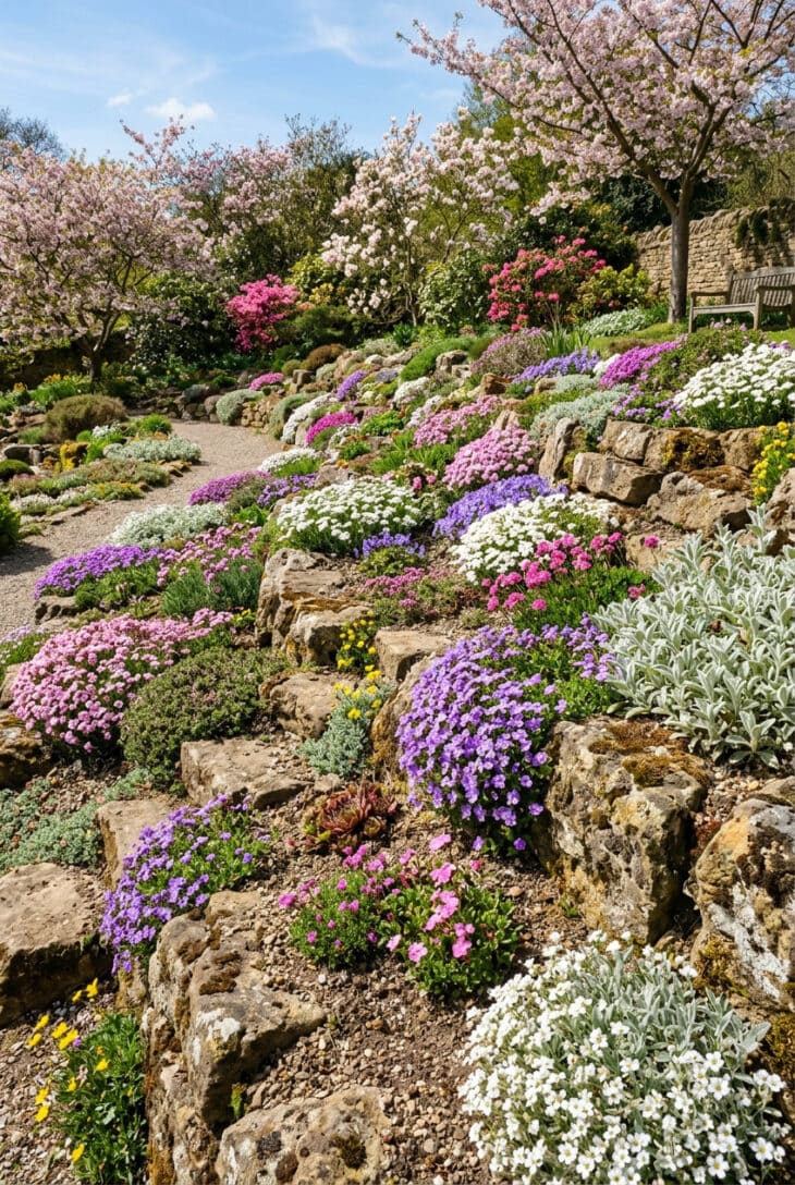 Sloping bank terraced with rock outcrops and planted with a tapestry of pink and purple alpines