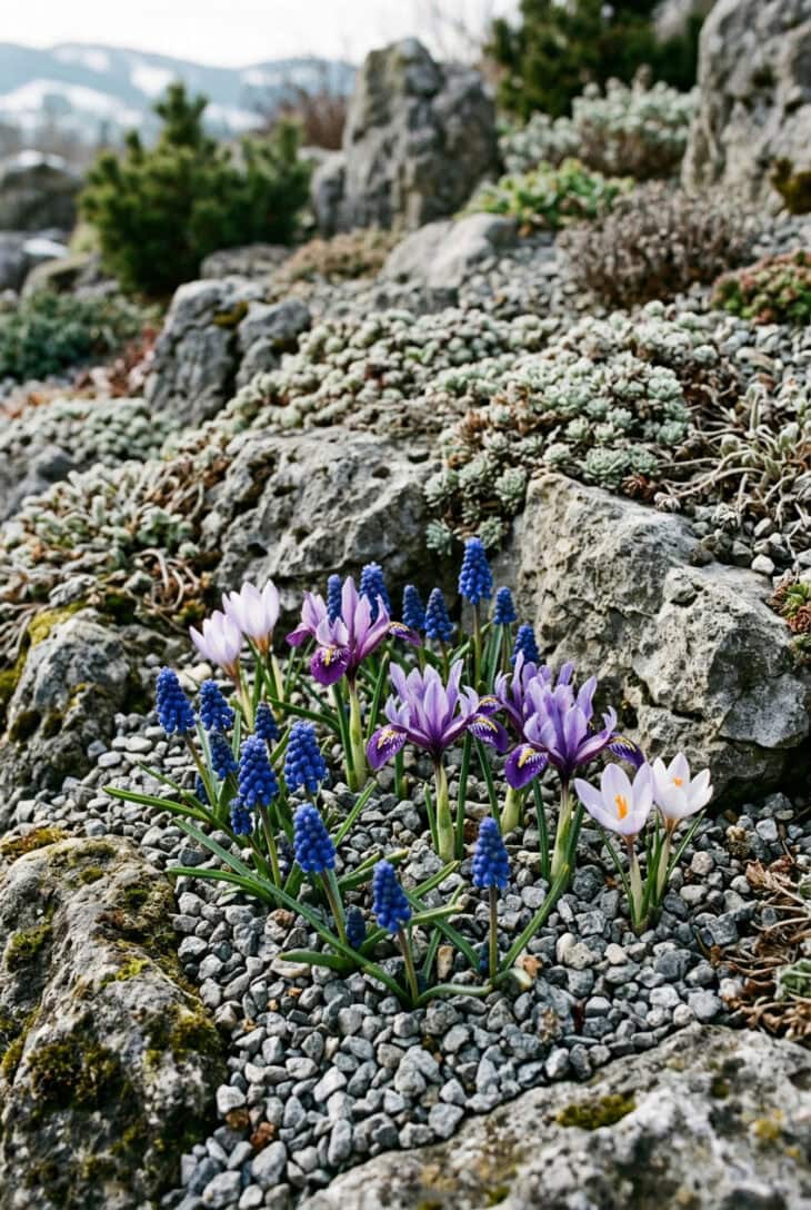 Blue grape hyacinths and purple dwarf irises pushing up through gravel between grey rocks
