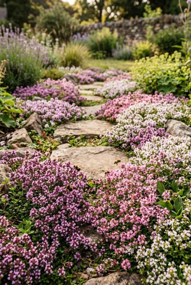 Carpet of pink and mauve flowering creeping thyme between flat stepping stones with bees