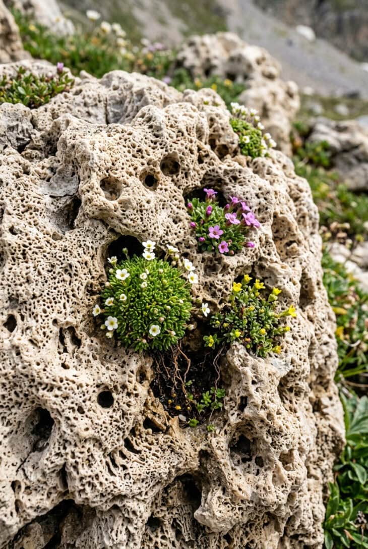 Pale porous tufa rock with tiny alpine cushions growing straight out of holes in its surface