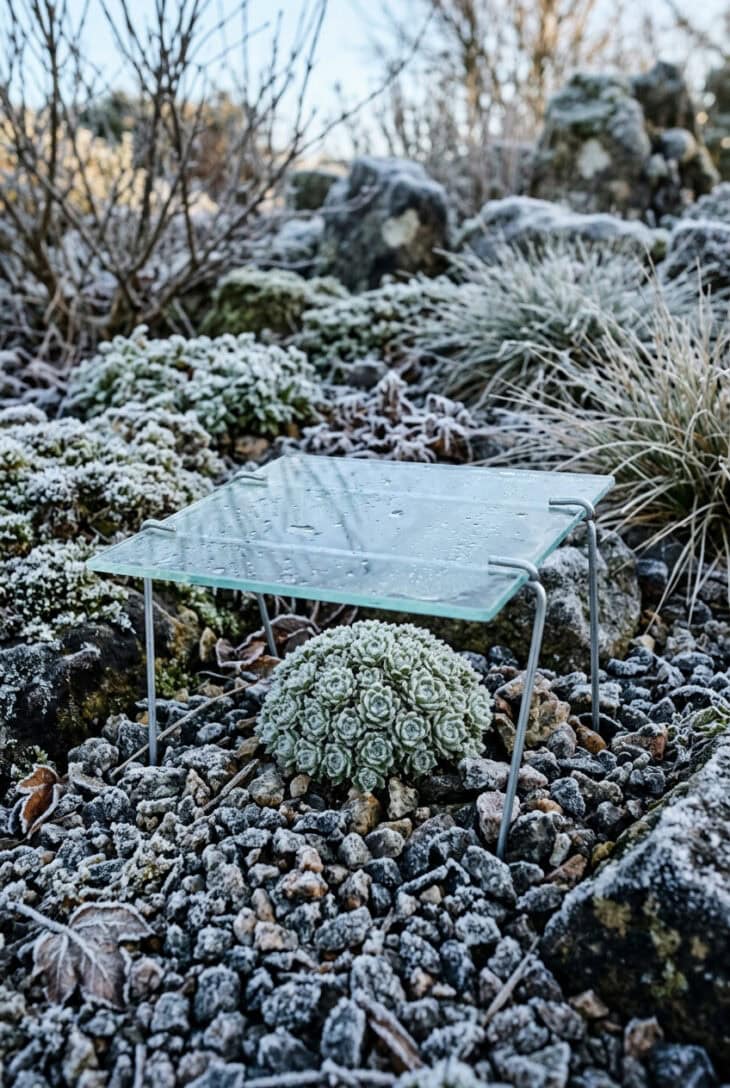 Pane of glass propped on wire legs over a woolly alpine cushion with frost on the gravel around it