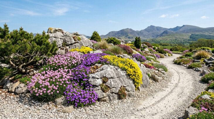 Sunlit rock garden with grey limestone outcrops, cushions of pink thrift and purple aubrieta in gravel
