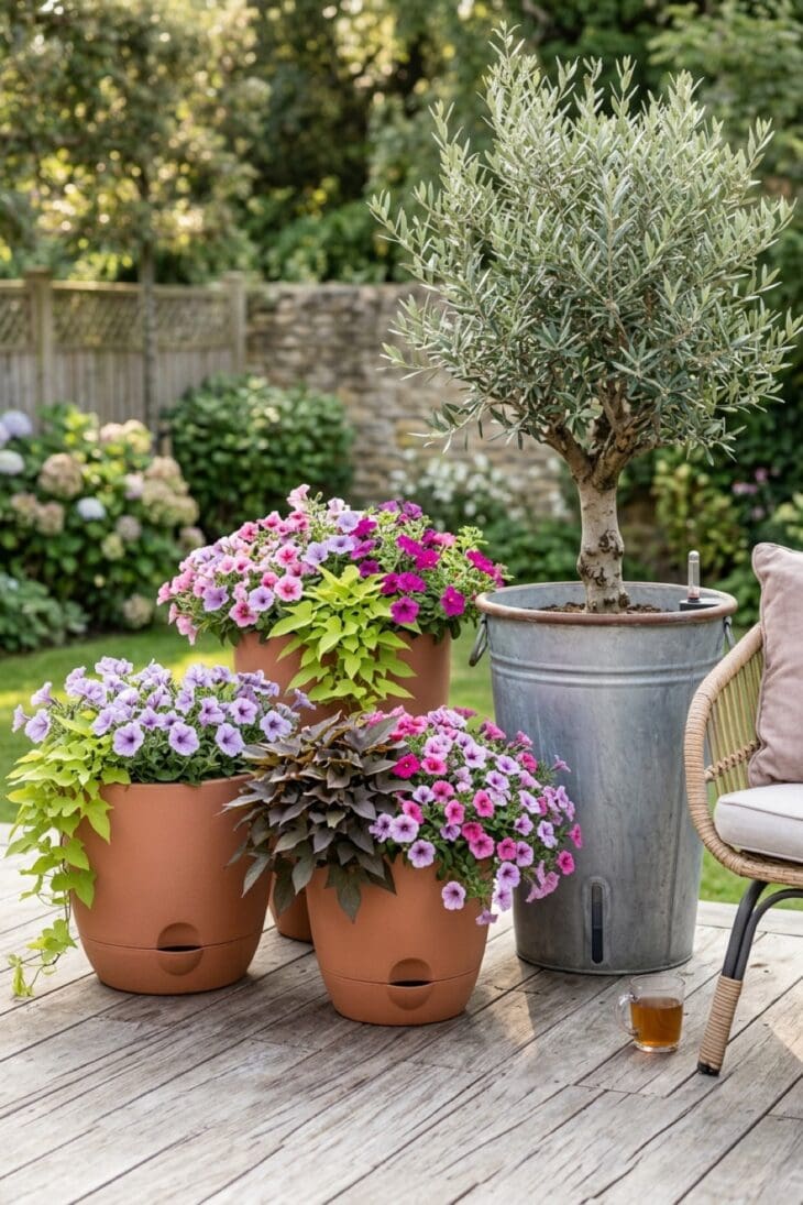 Large self-watering containers of olives and trailing petunias on a deck